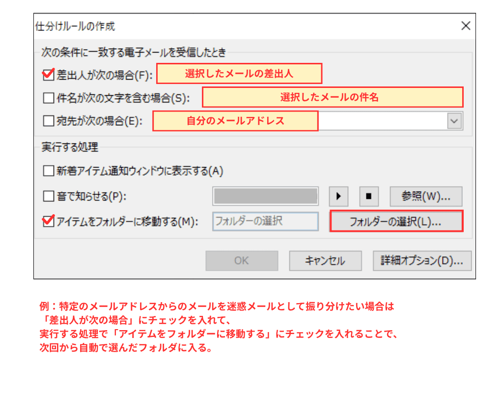 Outlook classicメール仕分け設定画面