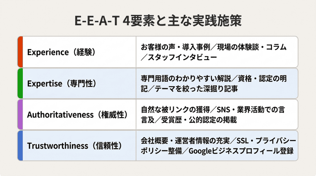 E-E-A-T 4要素と主な実施対策例